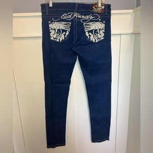 Ed Hardy tiger embroidered distressed jeans